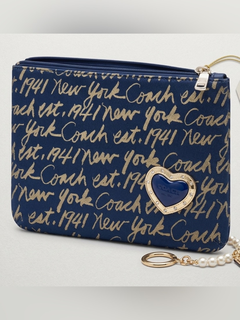 Coach Navy Script Heart Detail Clutch
